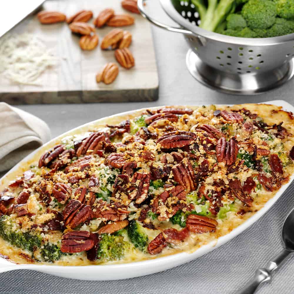 Broccoli Gratin with Pecan Pancetta Topping
