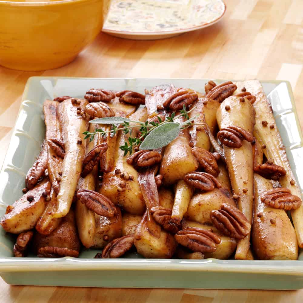 Braised Parsnips with Maple Syrup & Pecans