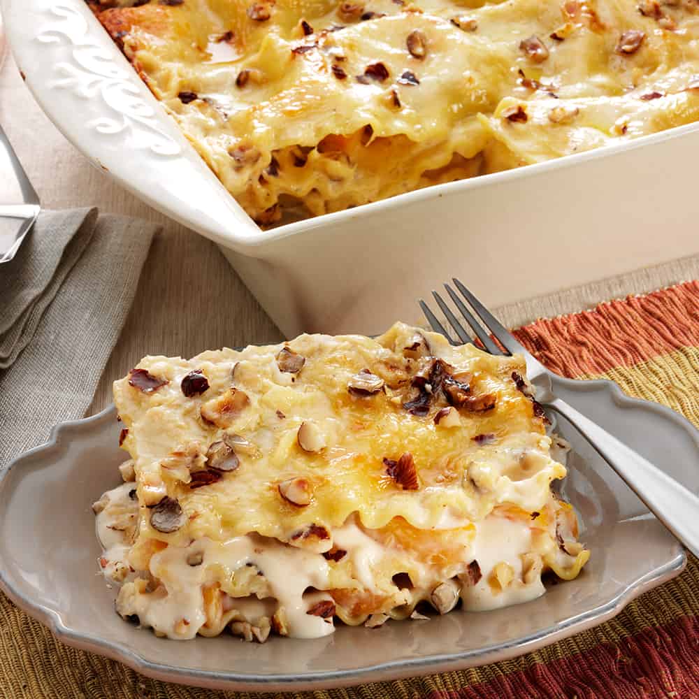 Lasagna gets a makeover with this inventive dish. The warm and nutty flavor of a Fisher® Hazelnuts is the perfect complement to the squash and cheesy lasagna.