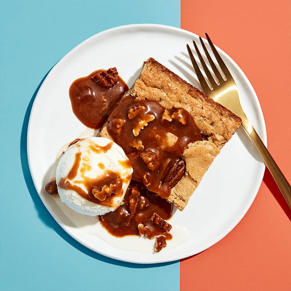 Butter Pecan Blondies with Miso Caramel Sauce